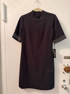 Karl Lagerfeld Black Pinstripe Short-Sleeve Shift Dress with Pearl Trim